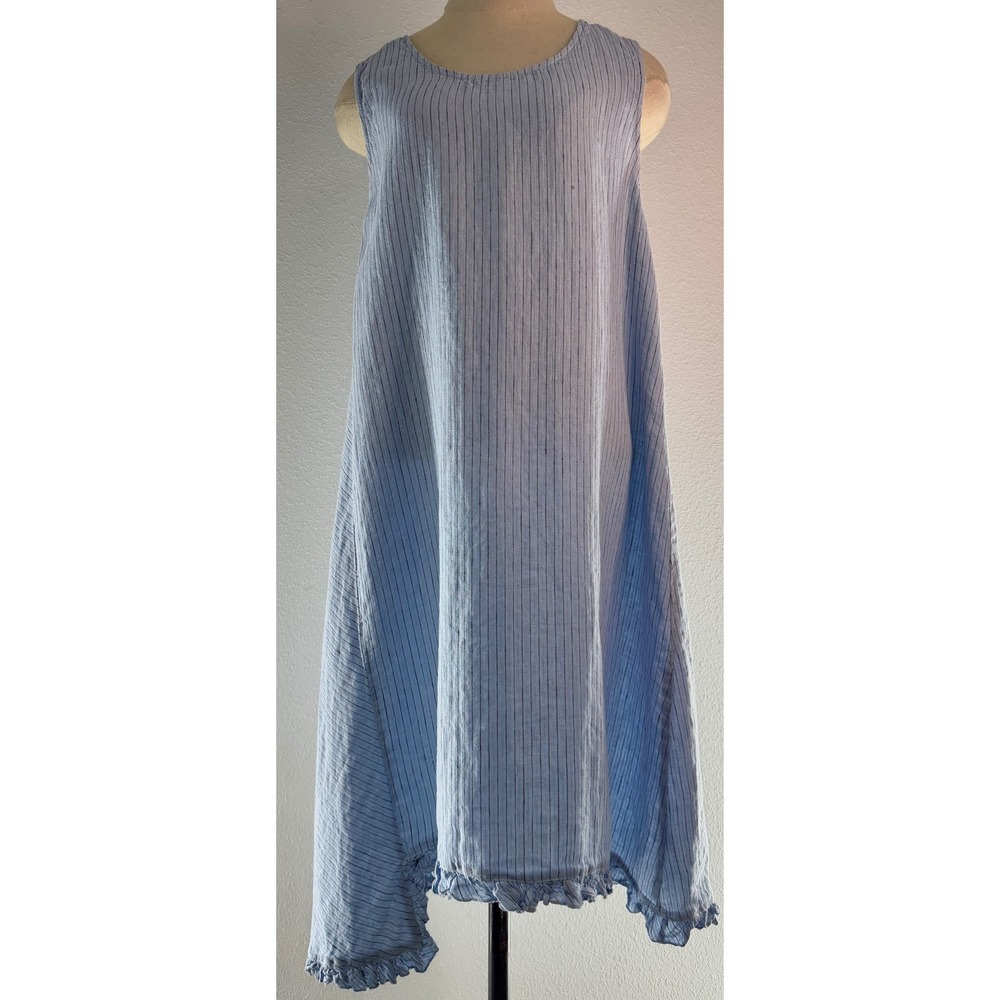 Luna Luz 100% Linen Blue Pinstripe Midi Dress Lagenlook Ruffle Hem Boho Cottage